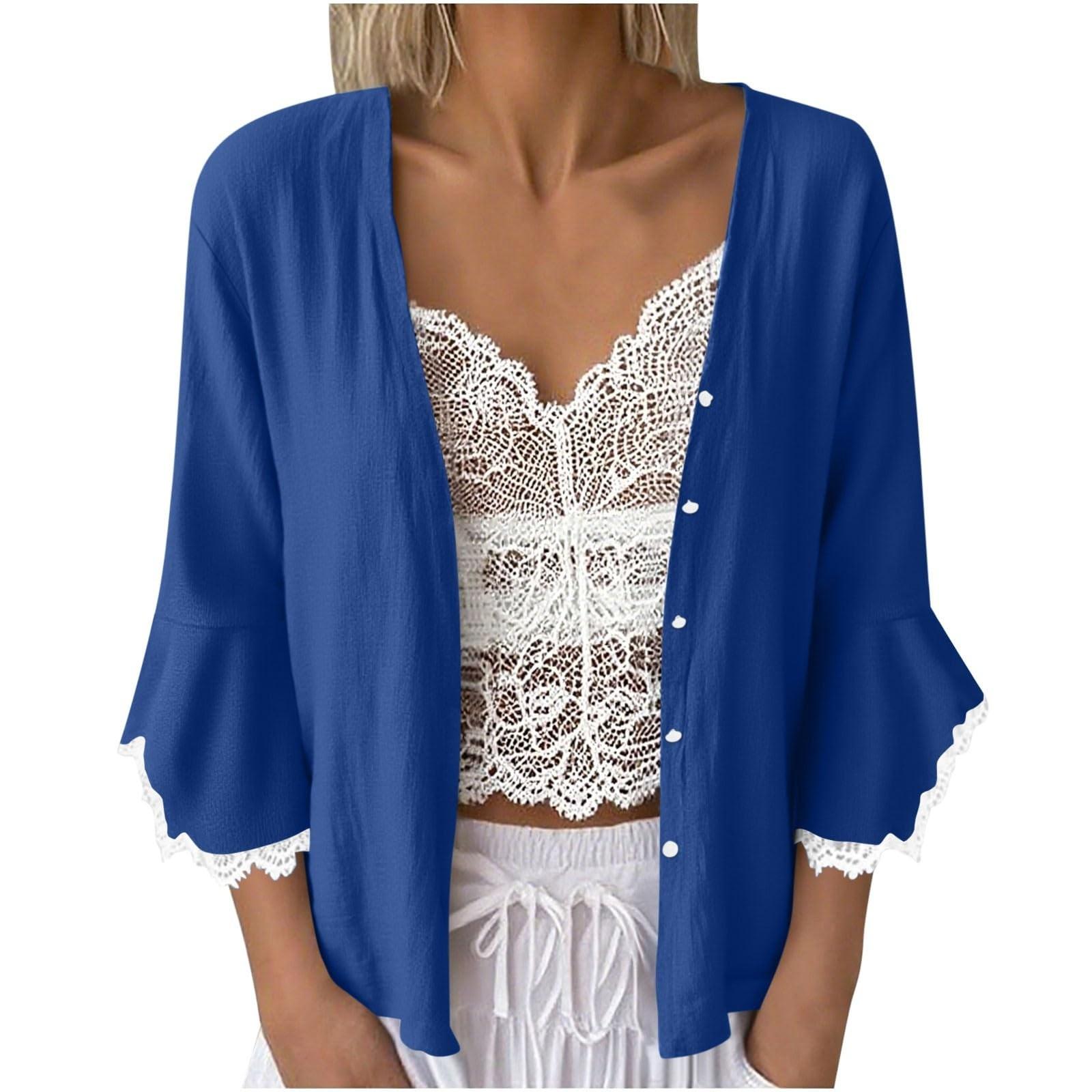 

Женские осенние кардиганы с кружевной отделкой, легкая повседневная куртка-верхняя одежда с рукавом 3/4 и пуговицами XL синий