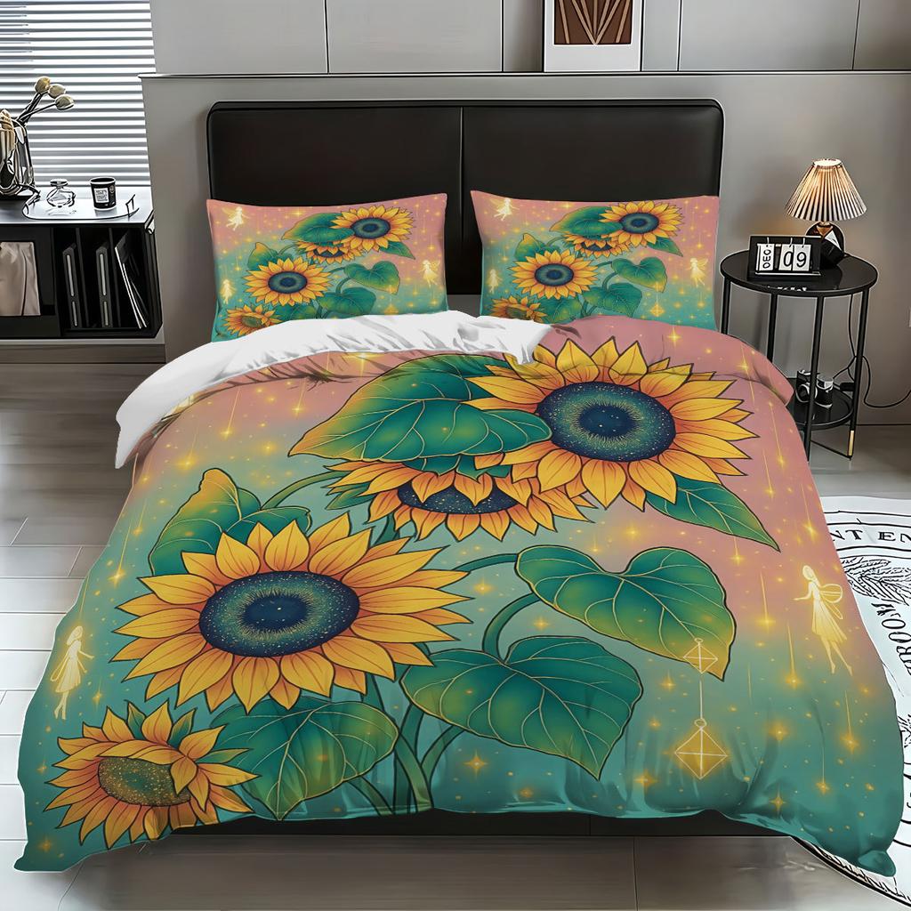 Dreiteilige Sonnenblumen-Bettwäsche mit Sandfinish, Blumendeckenbezug, Digitaldruck-Bettwäscheset