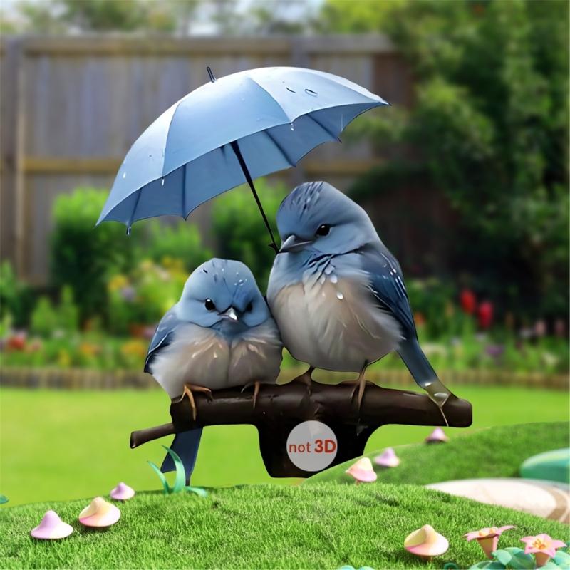 Lovely Bird with Umbrella Acrylic Garden Stake Weatherproof Outdoor Decors Waterproof Sign