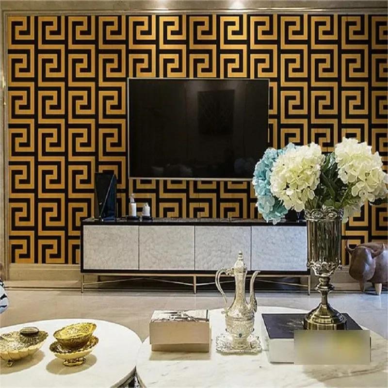3D Geometric Wall Papers Black Luxury Satin Greek Key Wallpaper Home Decor Non-Self adhesive Wallpaper for Living Room Bedroom