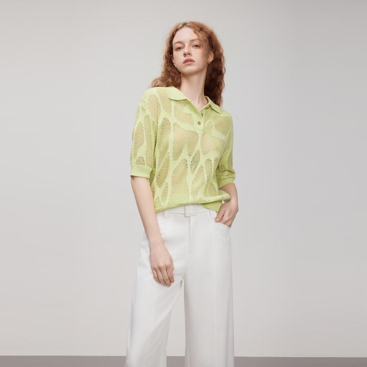 ELLE Comfortable Versatile Knit Polo Short Sleeve Women tops Light-Green L8SZP166