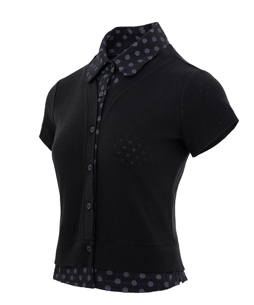 PLASMA SPHERE Polka Dot Cardigan Layered Shirt_Black