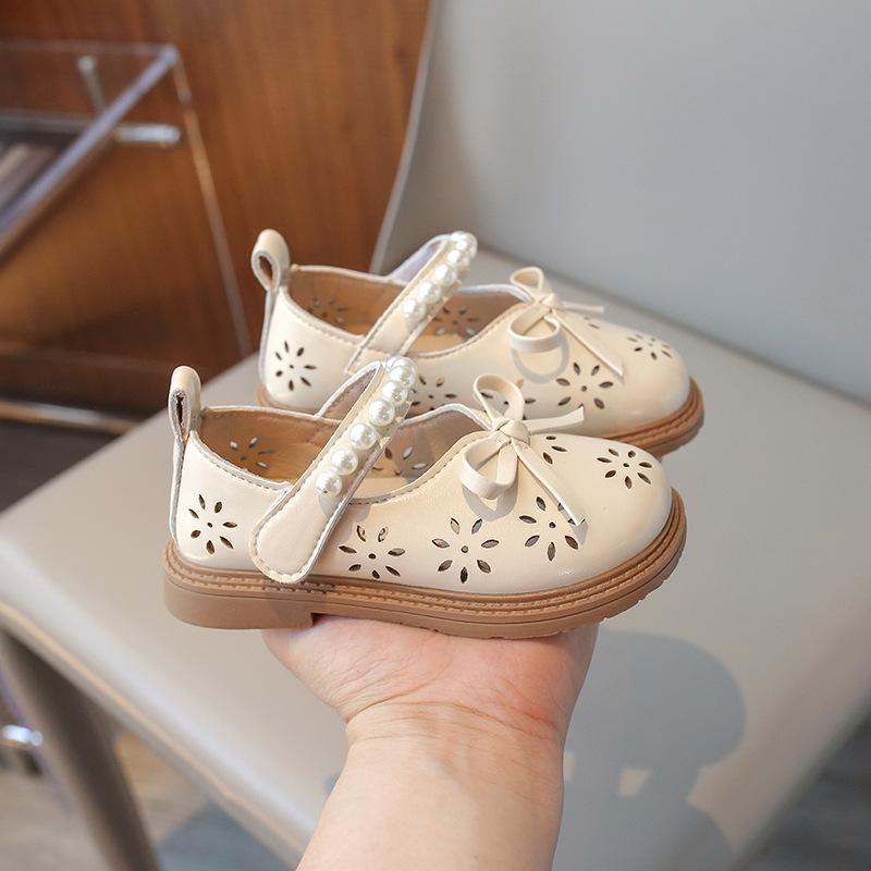 New Girls Princess Leather Shoes Sweet Bowtie Children Causal Mary Jane Shoes Fashion Kids Pearl Cut-outs Flat Shoes Breathable