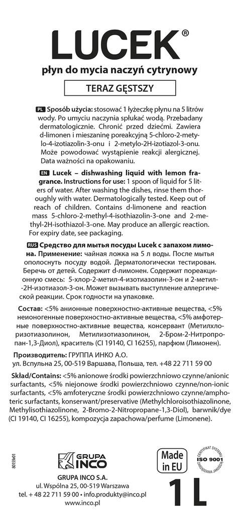 LUCEK Płyn do naczyń Cytrynowy skuteczny do odtłuszczania 1L