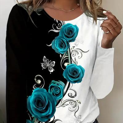 Tops para mujer, camiseta de manga larga con cuello redondo y estampado floral de rosas en 3D, jersey ajustado informal de otoño, top de manga larga para mujer