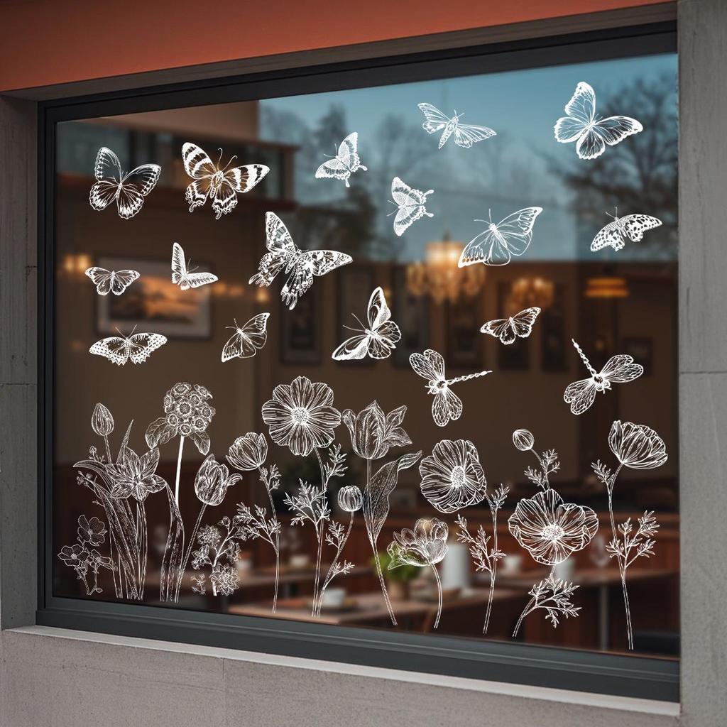 White Butterfly Flower Electrostatic Glass Stickers - Spring Window Decorations, Adhesive & Trace-Free