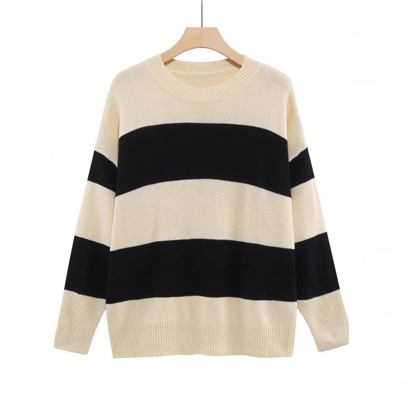 Women s Plus Size Striped Round Neck Long Sleeve Sweater - Casual Autumn 2025 Collection 1XL