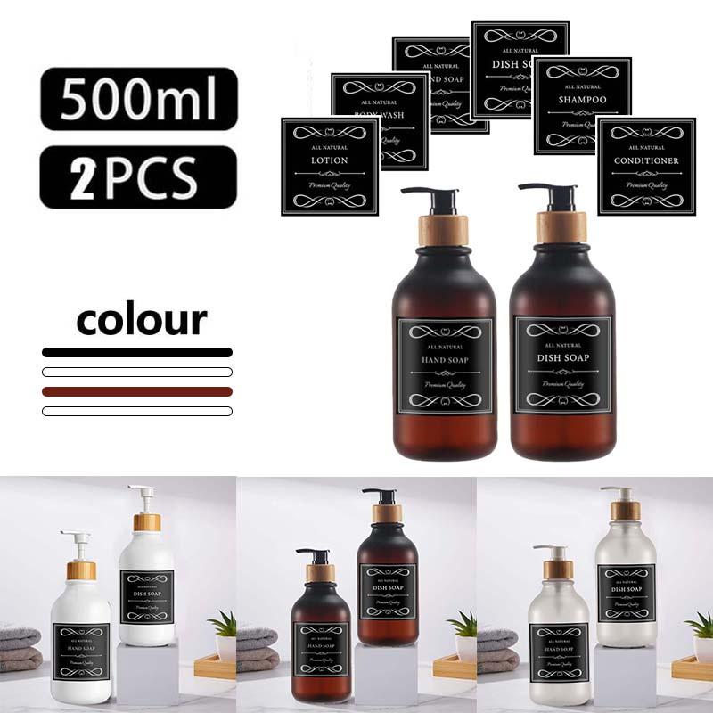 

2 шт., дозатор мыла для посуды, бутылка для мыла с бамбуковым насосом, мыло для рук, дозатор жидкого мыла с 6 этикетками для кухни, ванной комнаты, шампунь-кондиционер