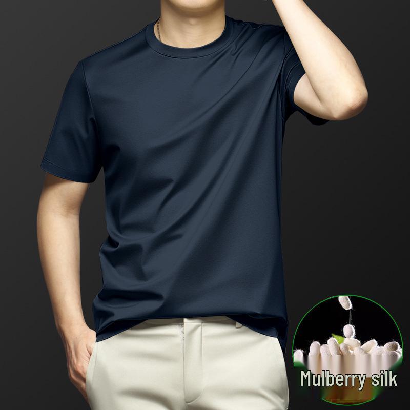 Zomer Heren Zijde Blend Slim Fit Sneldrogend Rond Hals T-shirt, Korte Mouw, Ademend