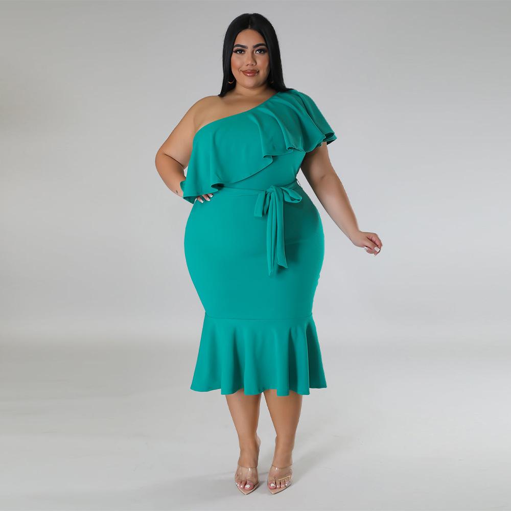 Abiti Midi da Donna Taglie Forti Moda Casual con Bordi Arricciati