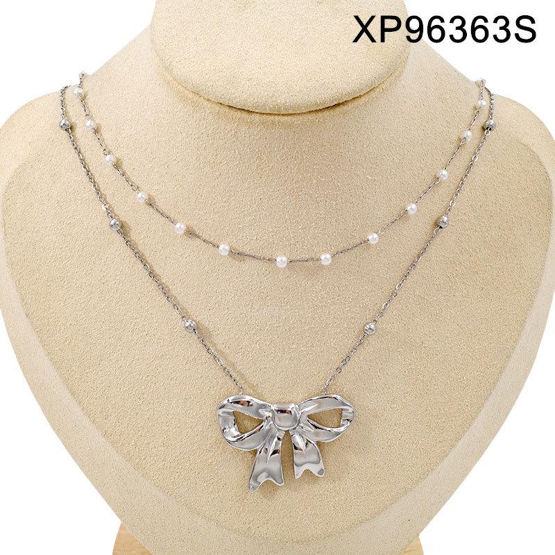 Elegant Gold Plated Double Layer Bow Pendant Necklace for Women - Titanium Steel Clavicle Chain, European American Style