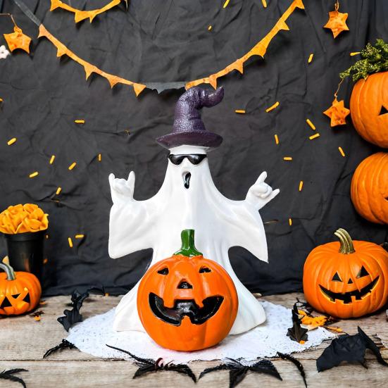 Halloween Ghost Pumpkin Statue Spooky Wizard Hat Sunglasses Ghost Resin Figurine Sculpture Holiday Party Home Desktop Decoration Ornament