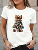 (Asian Size) Leopard Bow Women's Top Fashion O-neck T Shirt Print Merry Christmas Short Sleeve T-shirts  Casual New Year Clothing Graphic Tee