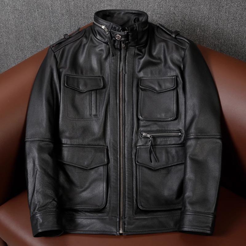 New Genuine Leather Jacket Men M65 Modified Hunting Coat Long Size Motorcycle Outerwear Autumn Winter
