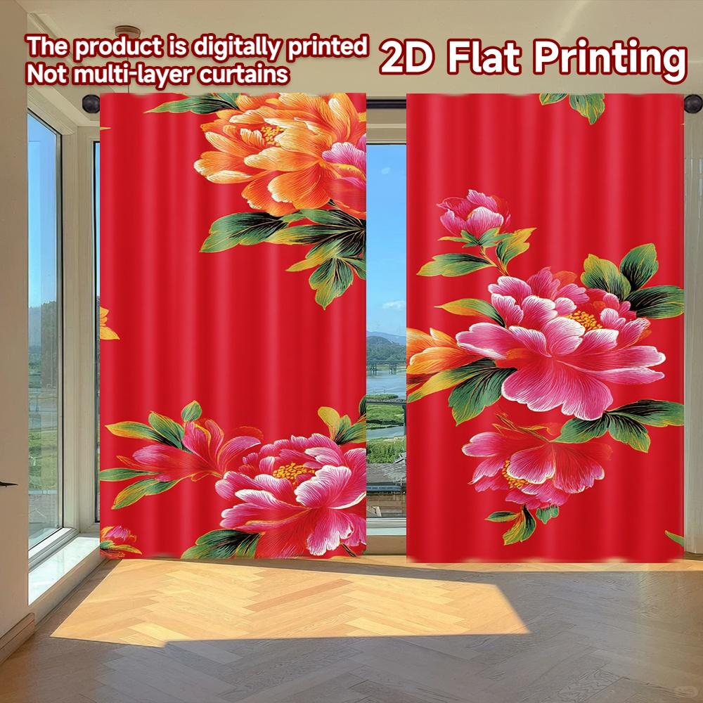 

Set Of 2 Flat Printing Curtains Without Rod Floral Pattern Red Valentine Is Day Festival Popular Drapes Versatile Made Polyester W100*H70(CM)-Hooks&2PCS