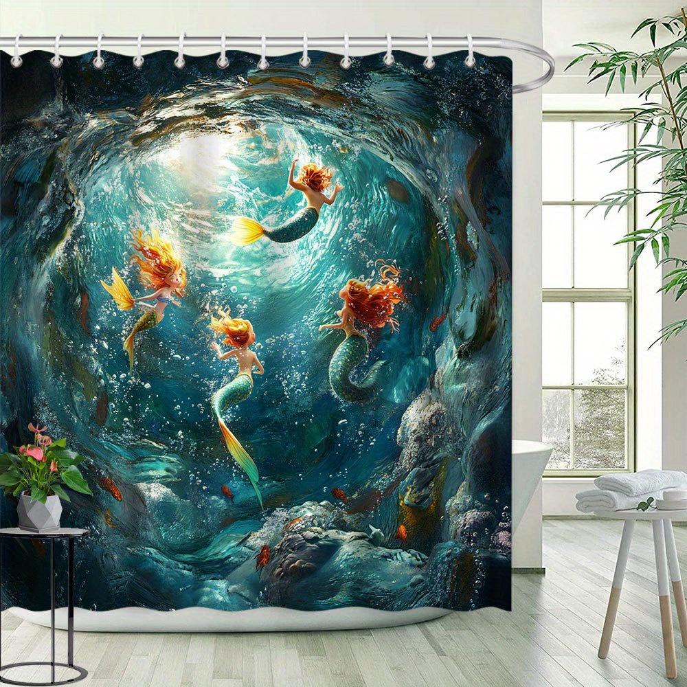 Jessica Chen Mermaid Underwater Print Waterproof Shower Curtain For Bathroom, Ocean Life Design High-End Toilet Partition Curtain
