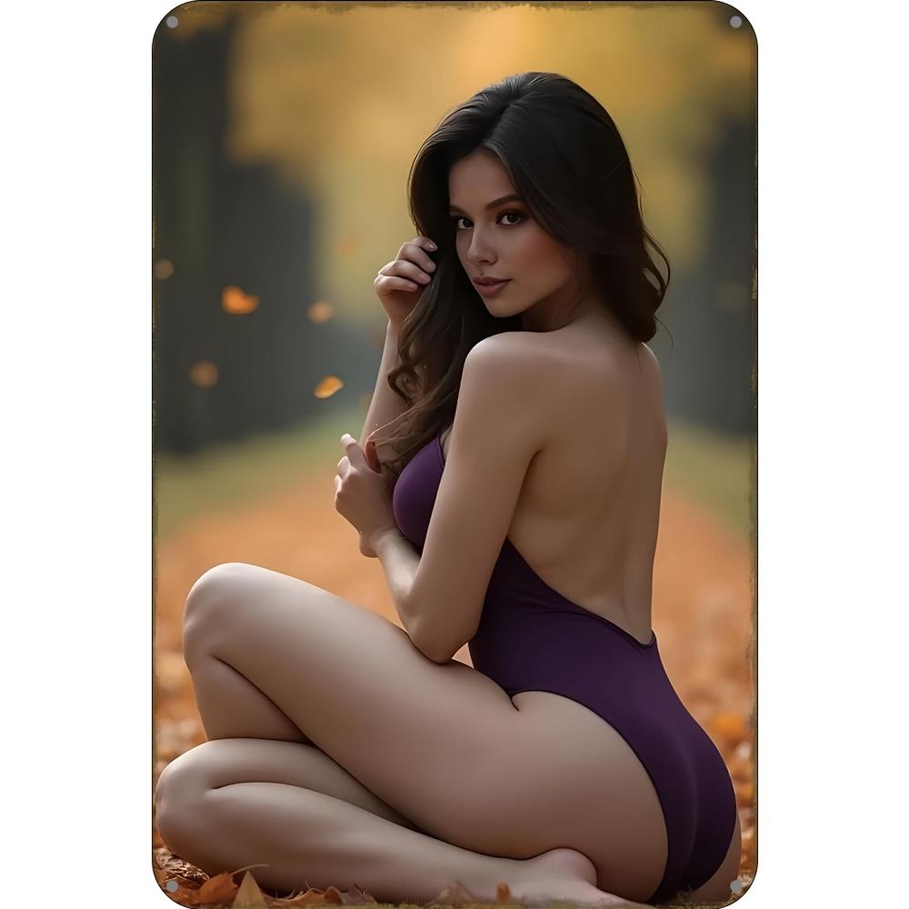 Metal Wall Art Female Silhouette Purple Bikini Autumn Leaves Wall Decor