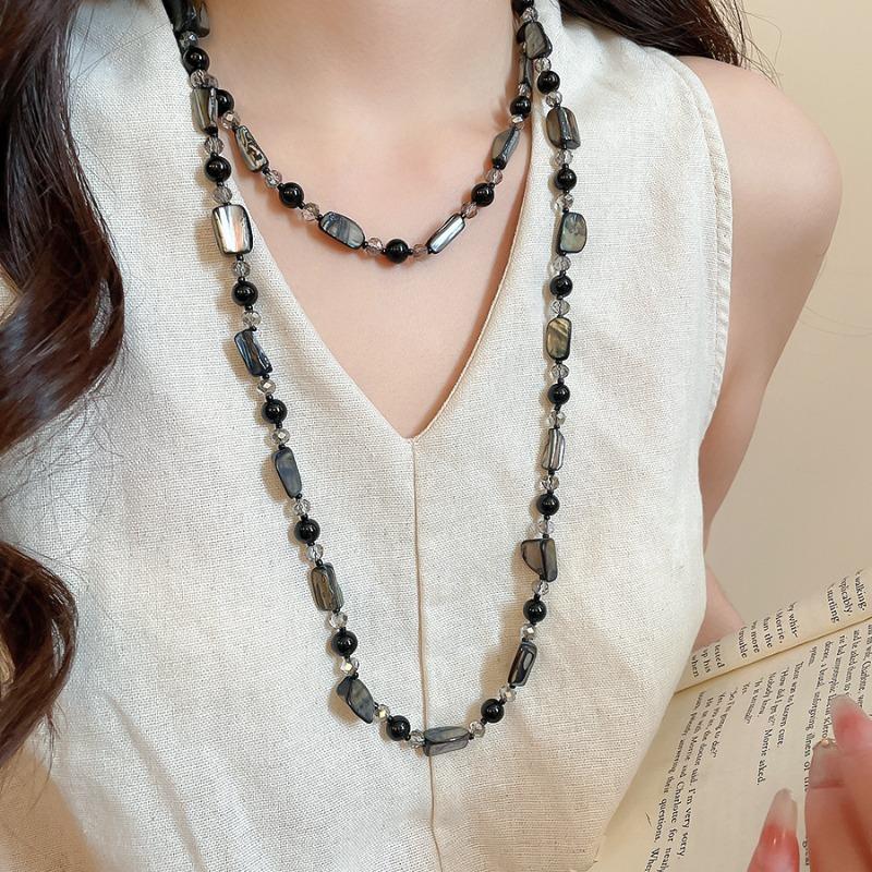 Bohemian Onregelmatig Geometrisch Schelp Glaskraal Dubbele Laag Lange Ketting Voor Vrouwen Trui Ketting