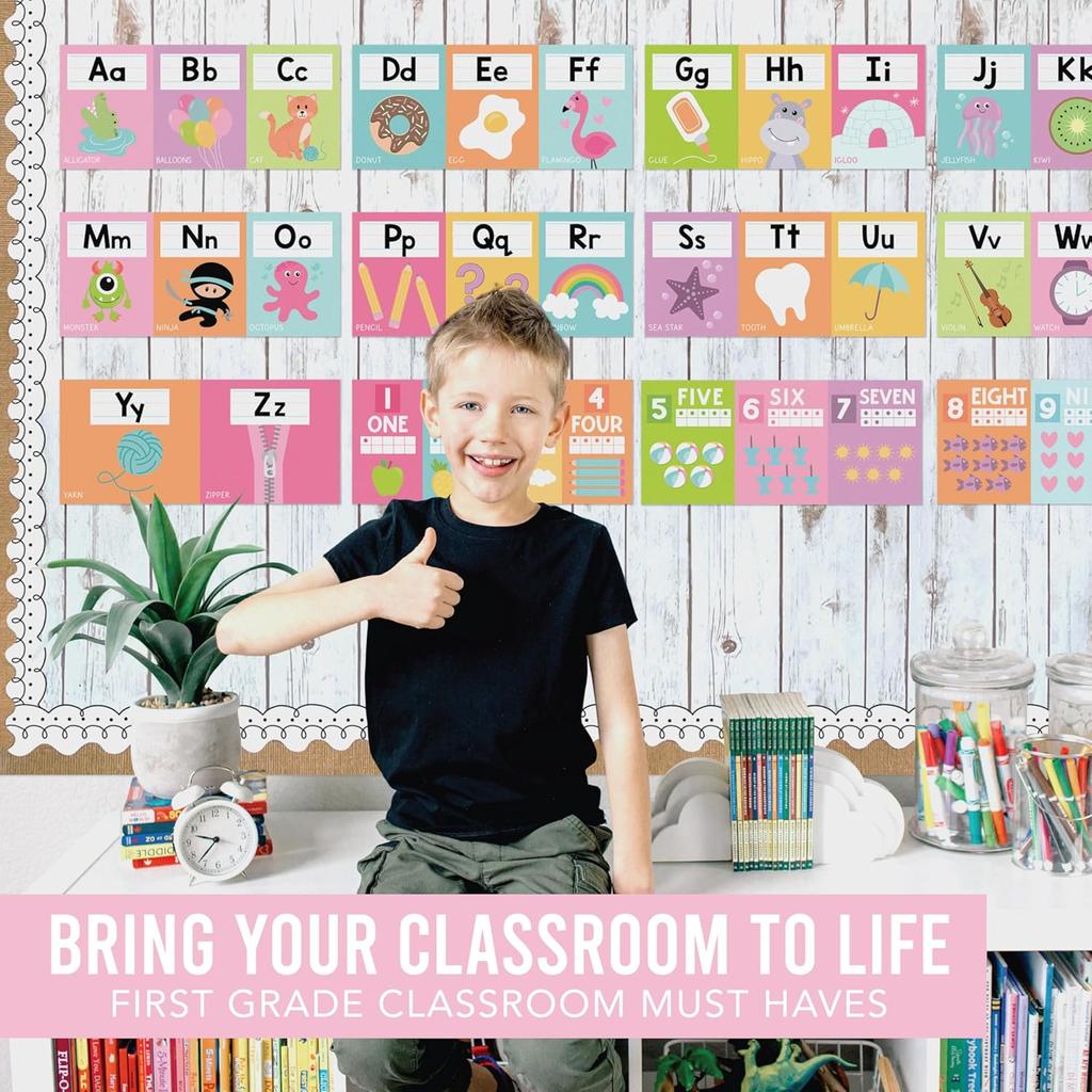 Hadley Designs Alphabet for Classroom Wall - ABC Letters and Numbers Posters for Preschool and Kindergarten - Alphabet Line for Classroom Decor and