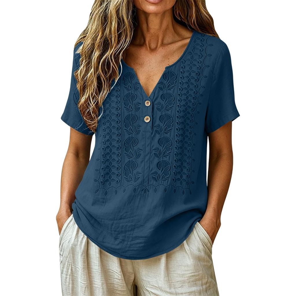 Women V Neck Embroidered Short Sleeve Blouse Casual Loose Fit Button Front Summer Top Lightweight Comfortable Shirt