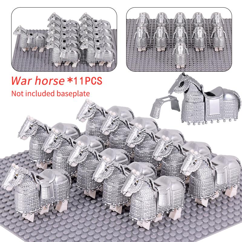 11pcs Medieval Gothic War Horse Building Blocks Silver/Gold/Iron/Armored Horses Battle Steed DIY Bricks Toys