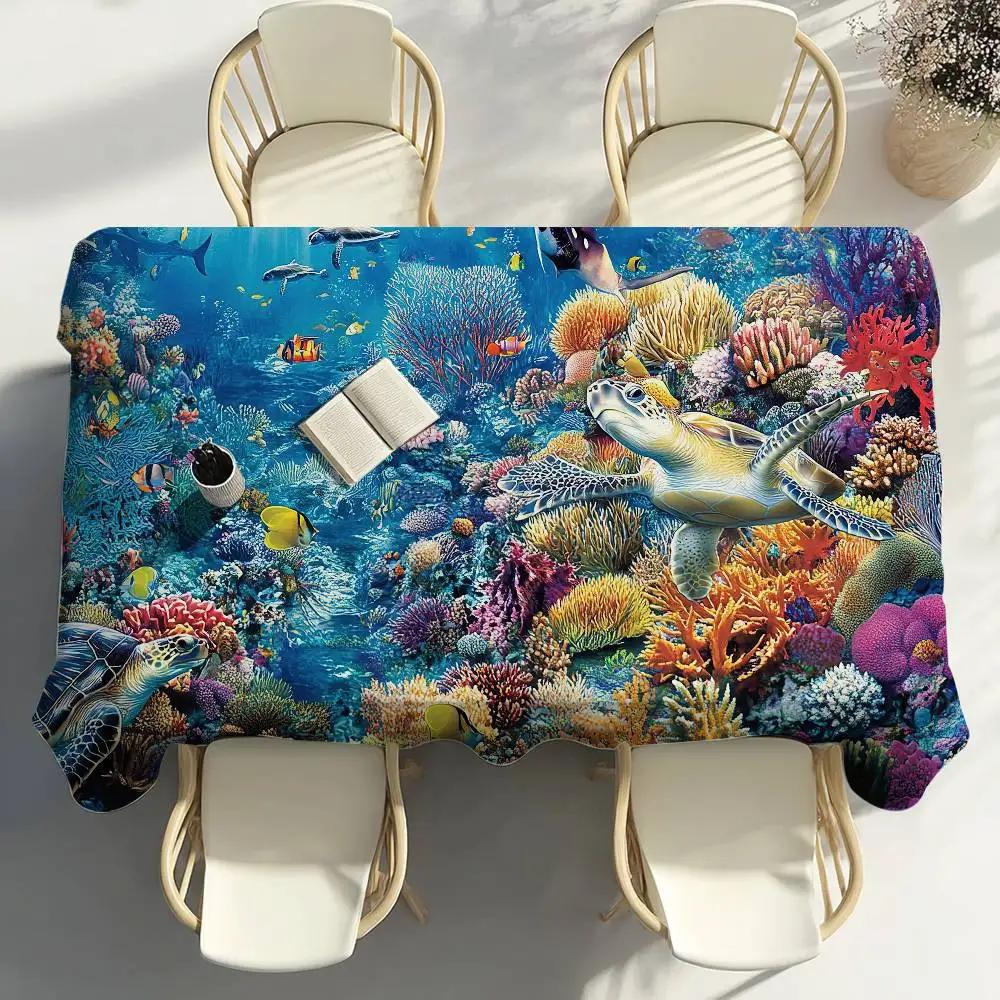 Sea World Fishes Table Cloth Party Decor Dining Room Home Kitchen Patios Waterproof Stain-Proof Table Cloth