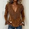 European & American Tassel Suede V-Neck Slimming Jacket for Women - Autumn/Winter Fashion