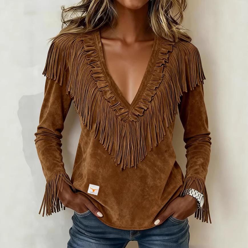 European & American Tassel Suede V-Neck Slimming Jacket for Women - Autumn/Winter Fashion