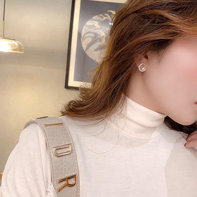 925 Silver Needle, Simple Pearl Crescent Earrings In Dongdaemun, Korea, Versatile Temperament, Diamond-set Moon Earrings