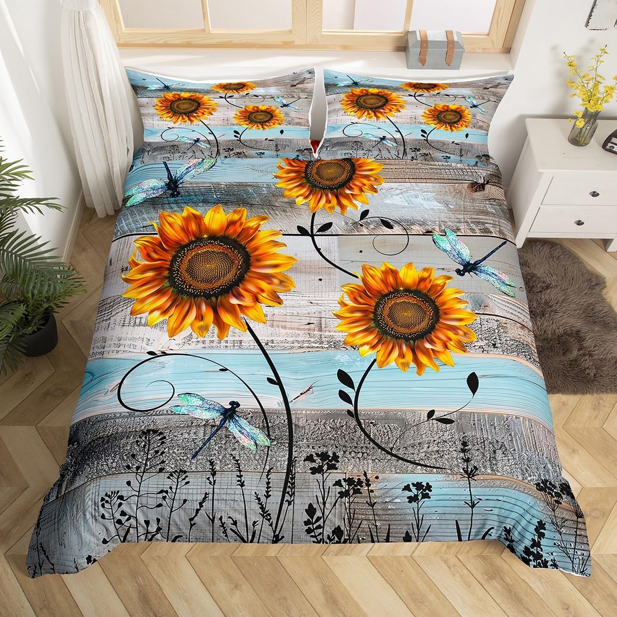

Comforter Rustic Farmhouse Bedding Sets Queen Country Butterfly Sunflower Retro Barn Door Comforter Cabin Lodge Bed Set Comforter (quilt)-EU Single(135*200cm)3pcs