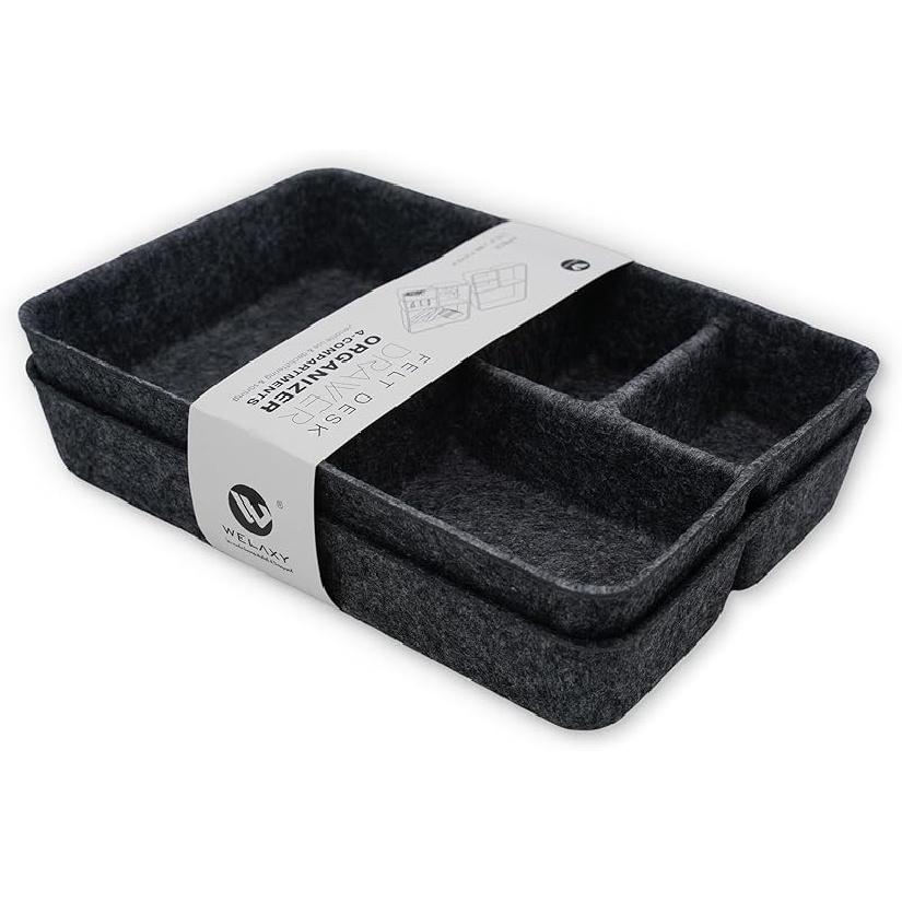 Welaxy Junk Drawer Organizer bin 4 Compartments Office Organizers Bins Felt Trays Drawers 2 dividers Multi-Purpose Storage (Grayx2)