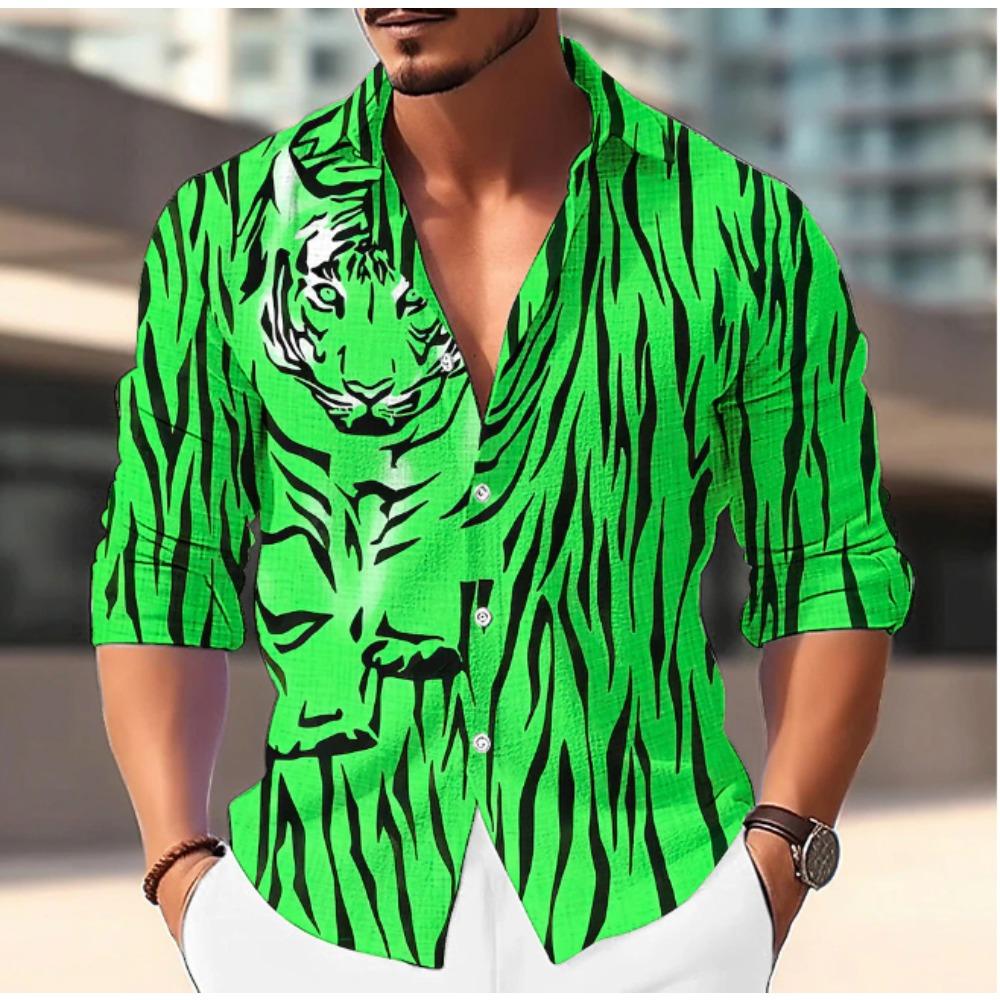 Men's Tiger Printed Long Sleeve Shirts Casual Cardigan New Button Holiday Fashion Shirts