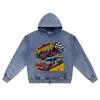 DTG print Knitted Denim Zip-Up Hoodie Demon Nascar Brother Print Zipper Hoodies  