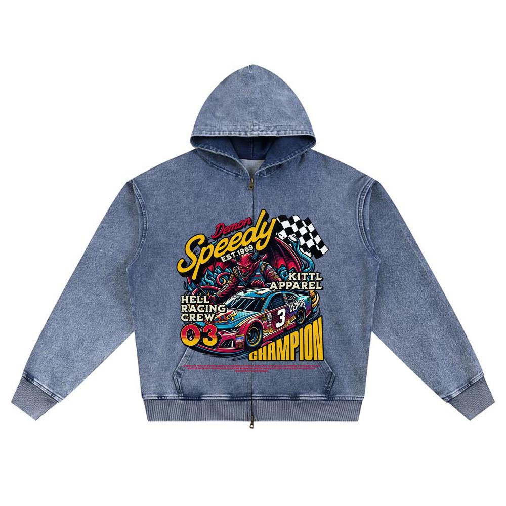 DTG print Knitted Denim Zip-Up Hoodie Demon Nascar Brother Print Zipper Hoodies  