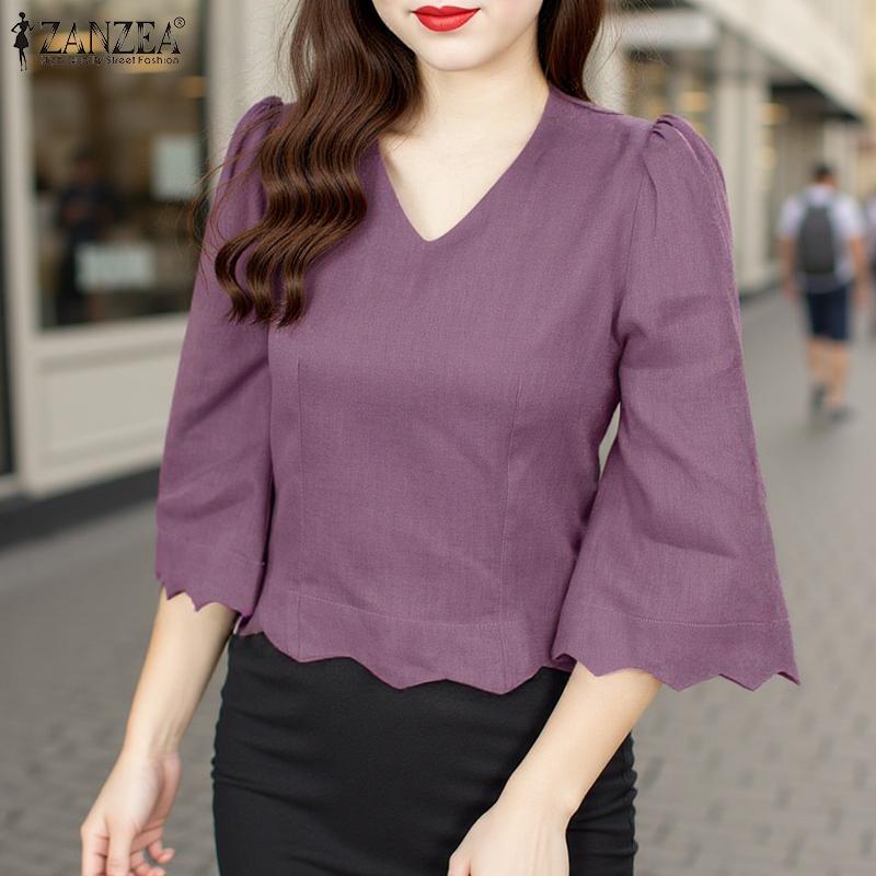 ZANZEA Damen V-Ausschnitt Locker Lässig 3/4 Ärmel Einfarbig Bluse
