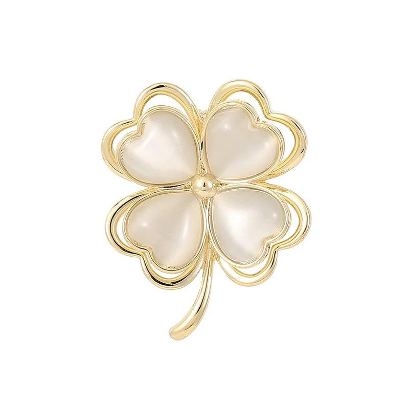 Cat's Eye Stone Leaf Brooch - Unique Four-Leaf Clover Brooch with Minimalist Design - Personalized Pin