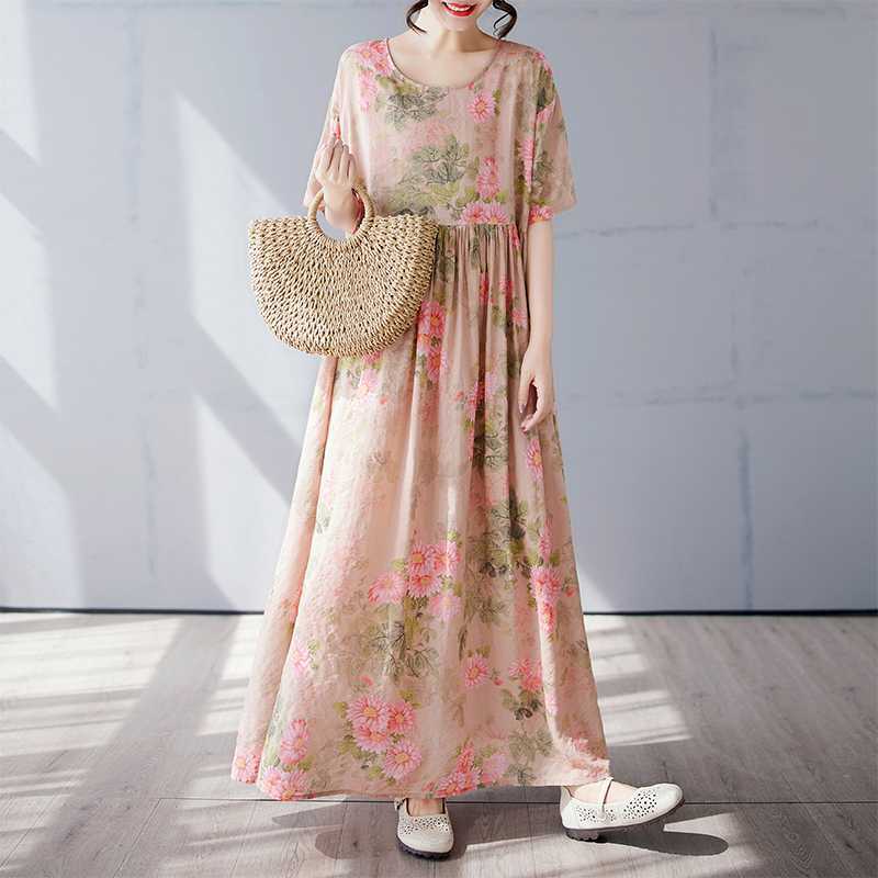 

Простая и модная длинная юбка, летнее платье с короткими рукавами и круглым вырезом с принтом One size