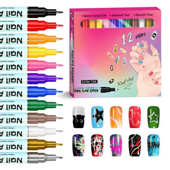 12/24 Colors Nail Art Pen Set Quick Dry Graffiti Nail Art Markers Fine Tip Waterproof Polish Pens Drawing Painting Liner Brush