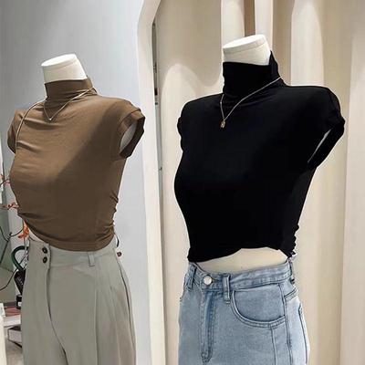 Women's Black Slim Fit Modal Cotton Semi-High Neck Short Sleeve Top