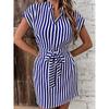 Women's Striped Lace-up Dress Fashion Slim V-neck Temperament White-collar Work Commuter Mini Dress Street Casual Wear