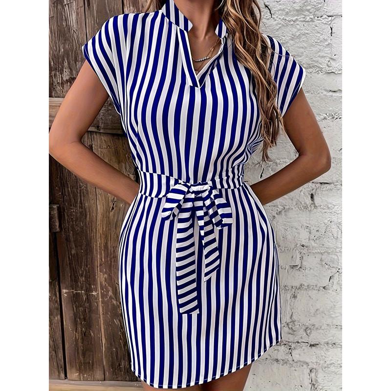 Women's Striped Lace-up Dress Fashion Slim V-neck Temperament White-collar Work Commuter Mini Dress Street Casual Wear