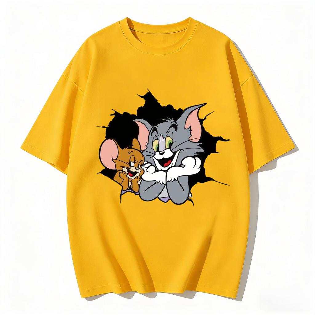 2026 New Tom Jerry Print Tshirt Casual Loose Couple Family Matching Outfits Short Sleeve Cotton Tee Summer Streetwear Tops Y2k