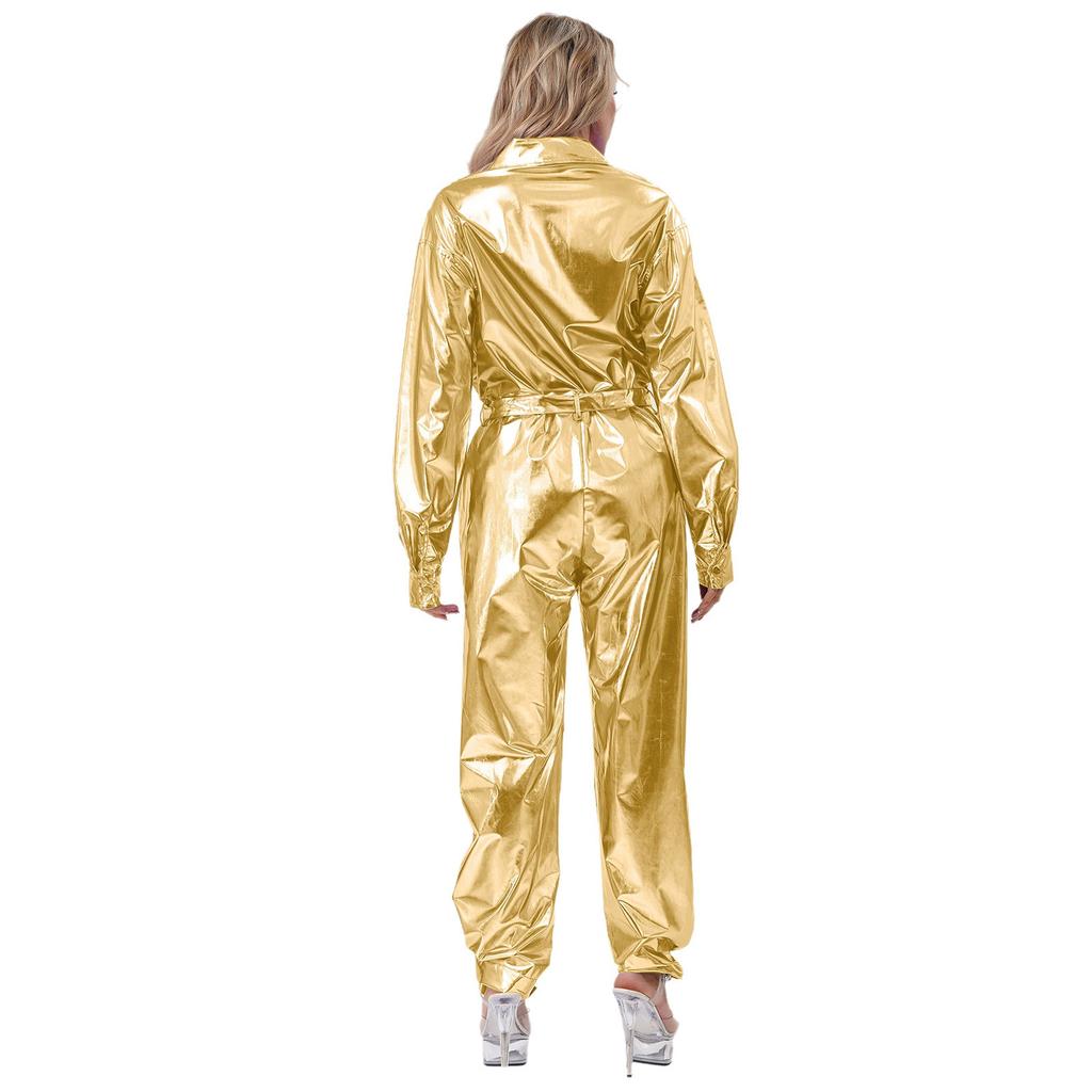 Damski Błyszczący Kombinezon Body Metaliczny Kombinezon Długi Rękaw Kołnierzyk Klapowy Wysoka Talia Kostium na Imprezę Halloweenową