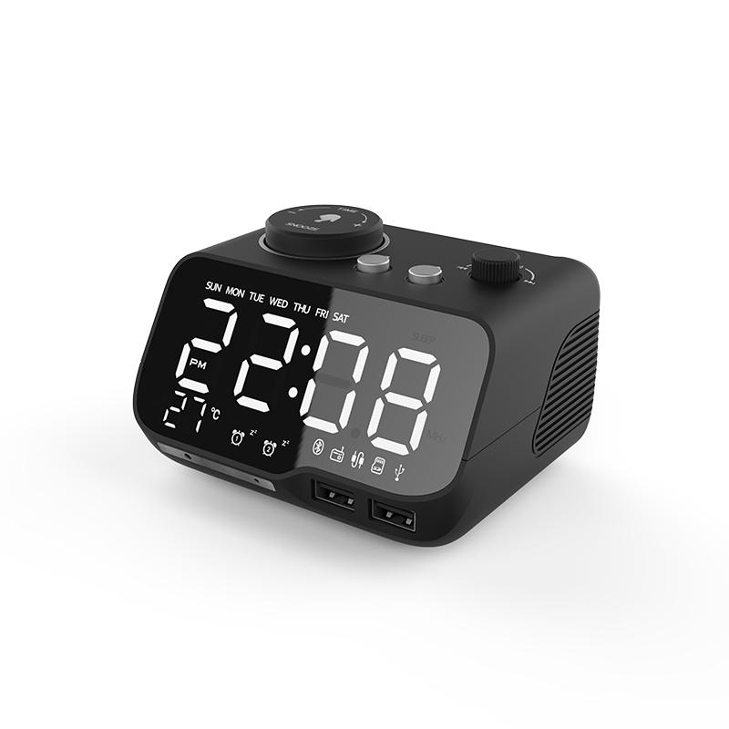 Music Bluetooth Speaker Snooze Digital FM Radio Table Alarm 1A+2A Clock USB Charger TF Player for iPhone Android