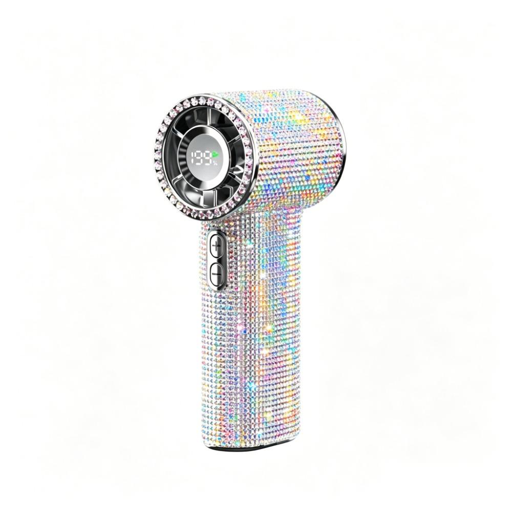Digital Display Mini Cooling Fan Small Size Portable Hand Fan Rhinestone Handheld Fan  Ice Cooling