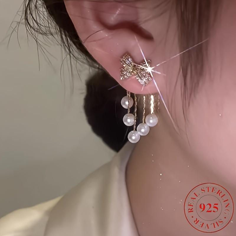 Chic tassel earrings with bow design - vintage-inspired, 925 silver ear studs, suitable for daily wear and travel