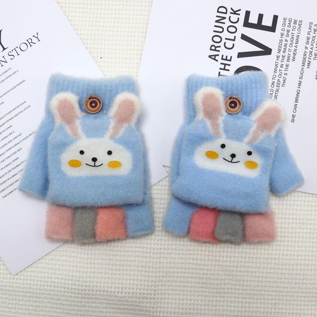 Dicke Winter-Halbfinger-Klapphandschuhe für Kinder mit Kaninchen-Cartoon-Design zum Schreiben und Spielen