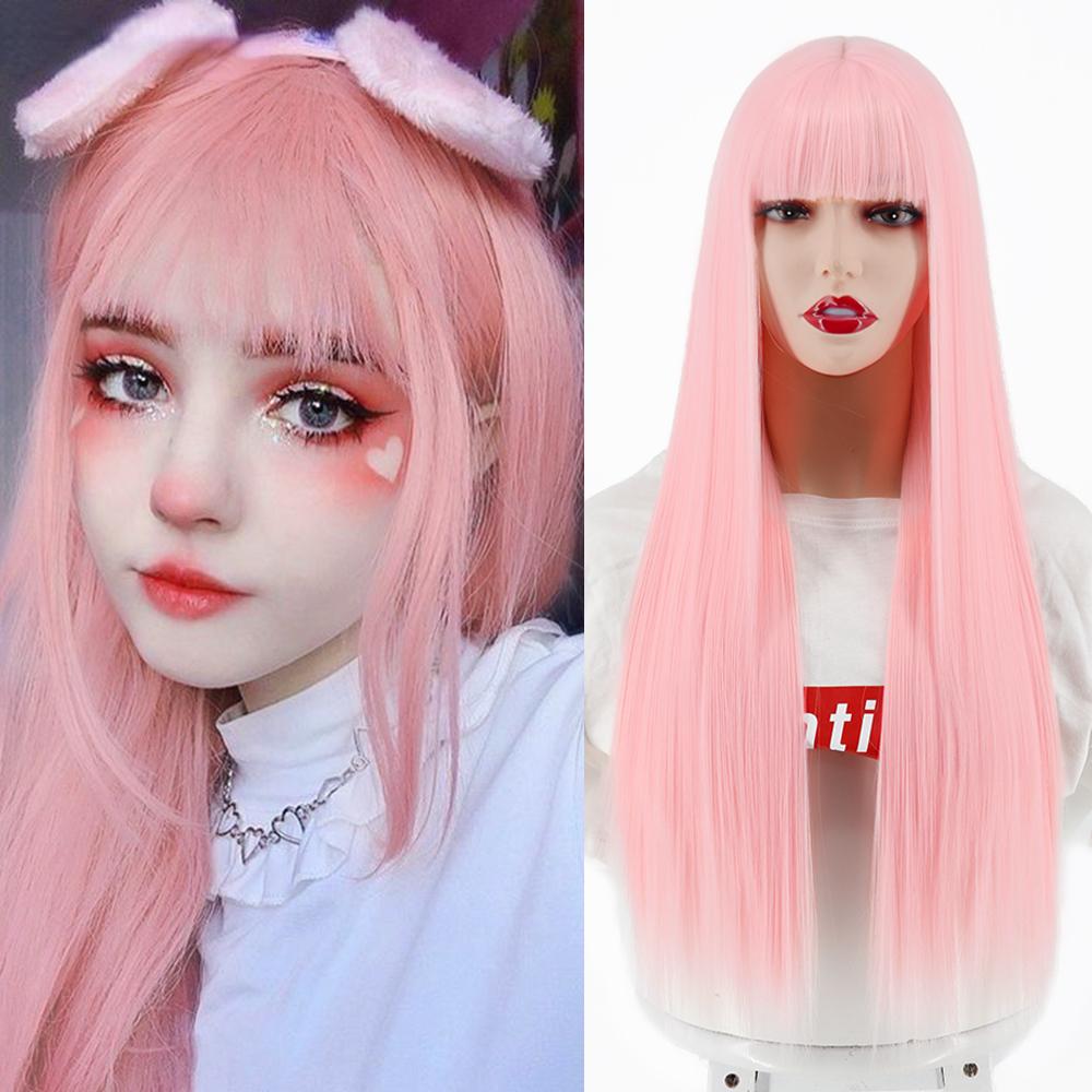 MERISIHAIR Brown Long Straight Wig with Blunt Bangs Synthetic Heat Resistant Fiber Wig for Women Daily Wear