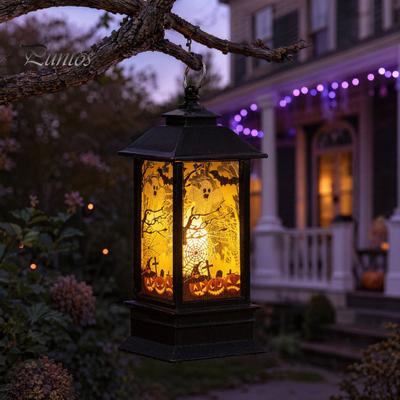 Lumină de veghe fără flacără pentru noaptea de Halloween, Felinar LED vintage alimentat cu baterii, Felinar decorativ metalic cu flacără pâlpâitoare simulată pentru petrecere, casă