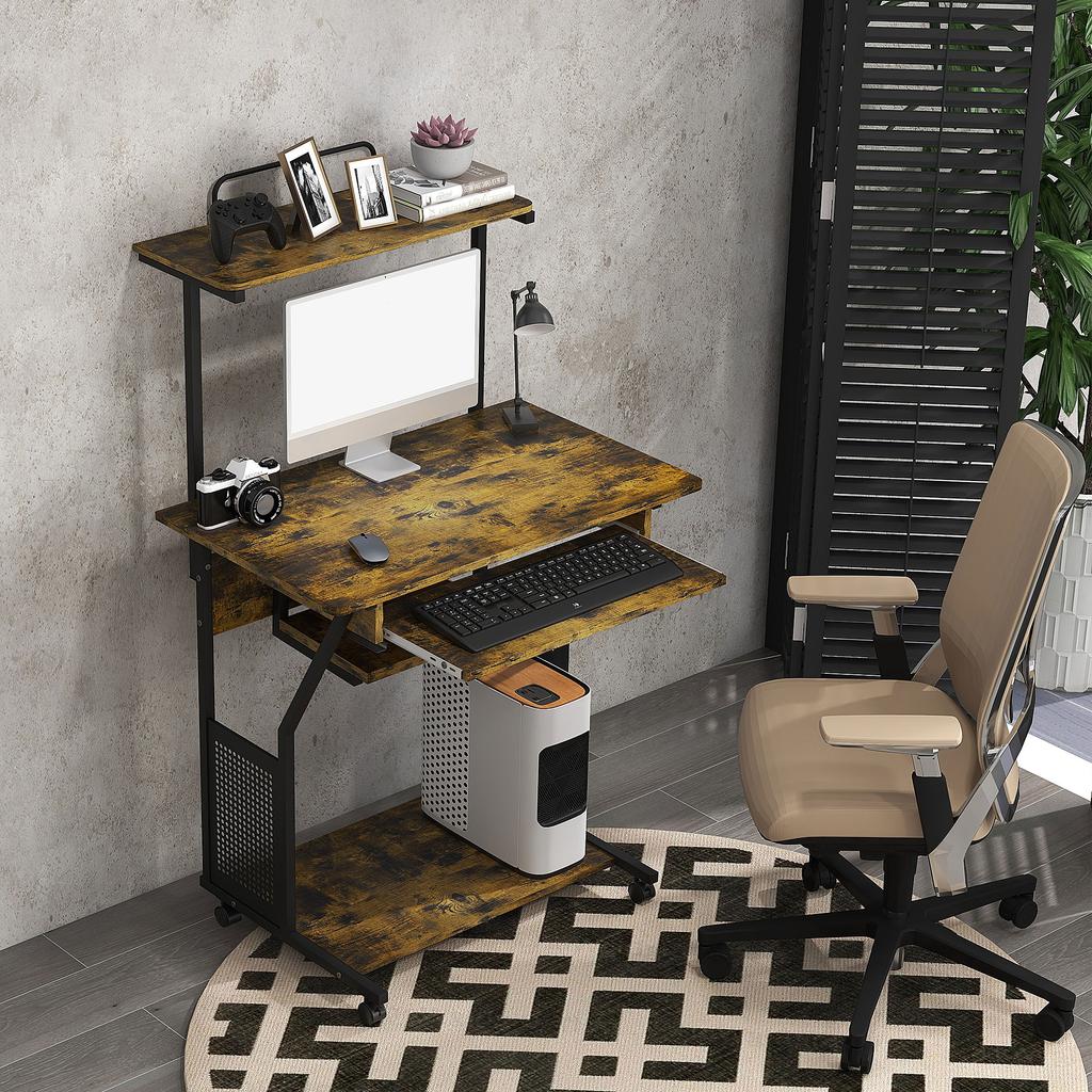 Multi-Storage Work Desk, with Sliding Keyboard Tray - Brown/Black
